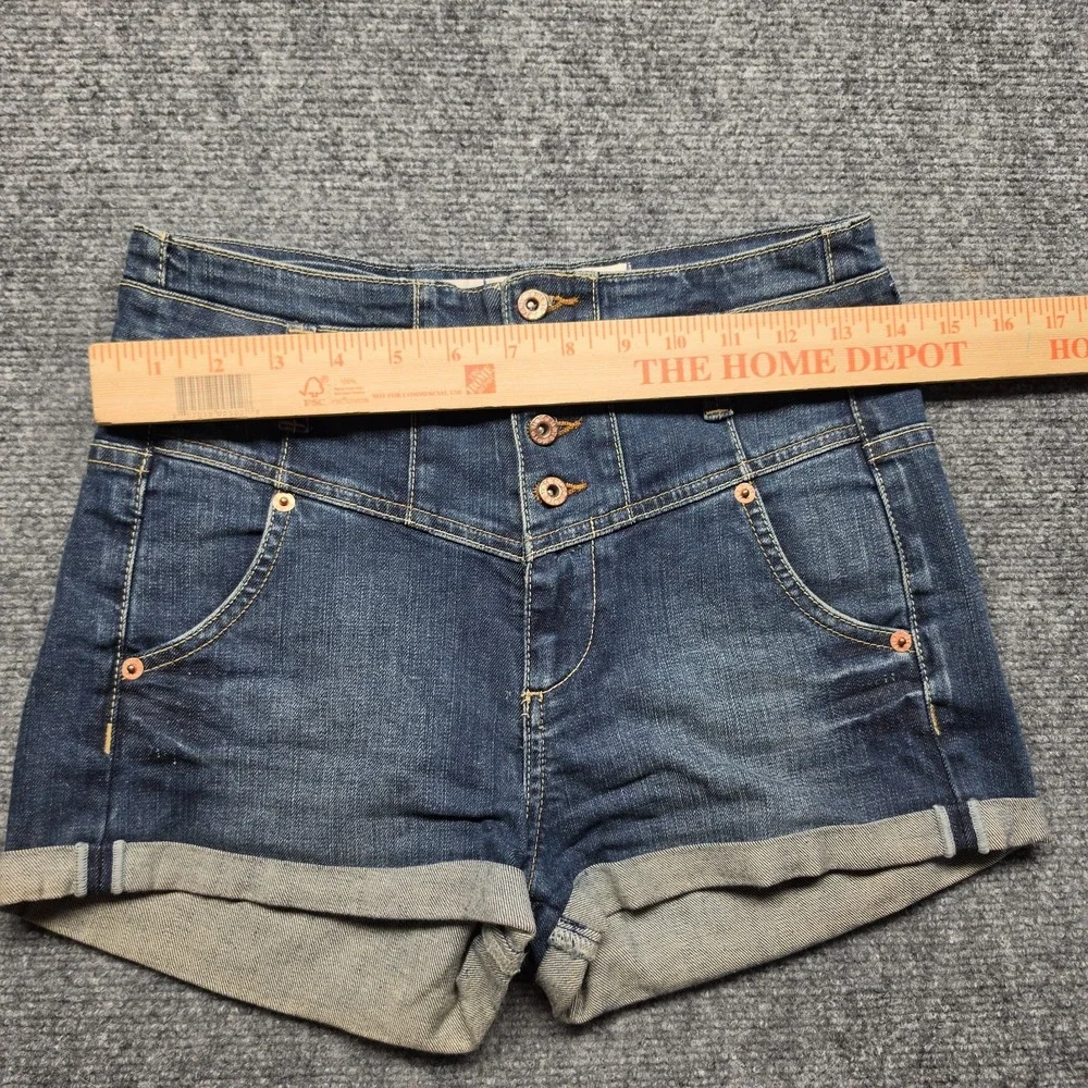 : Topshop MOTO High Waisted Corset Denim Shorts Womens US 4 W26 Dark Wash Cuffed